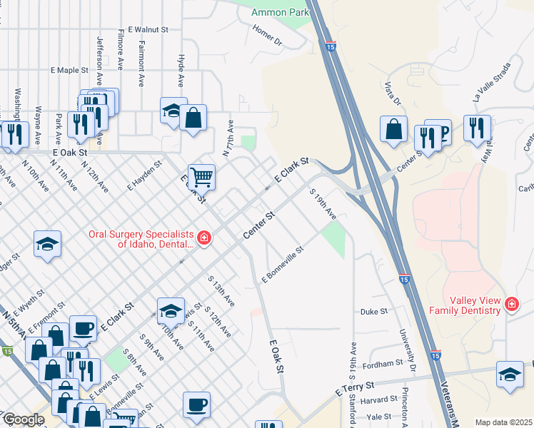 map of restaurants, bars, coffee shops, grocery stores, and more near 1824 East Center Street in Pocatello