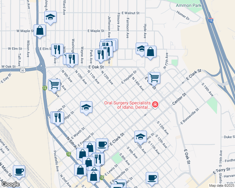 map of restaurants, bars, coffee shops, grocery stores, and more near 524 North 12th Avenue in Pocatello