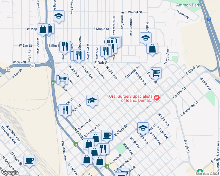 map of restaurants, bars, coffee shops, grocery stores, and more near 1224 East Hayden Street in Pocatello