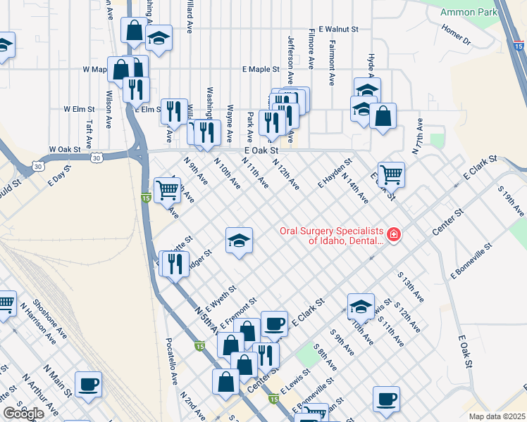 map of restaurants, bars, coffee shops, grocery stores, and more near 1151 East Bridger Street in Pocatello