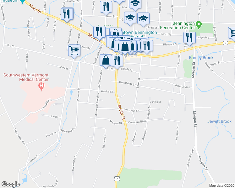 map of restaurants, bars, coffee shops, grocery stores, and more near 414 South Street in Bennington