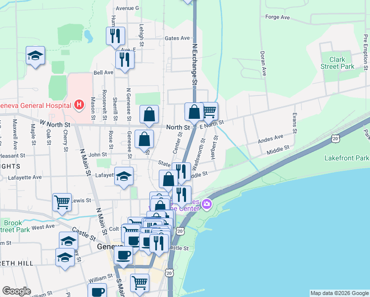 map of restaurants, bars, coffee shops, grocery stores, and more near 55 Exchange Street in Geneva