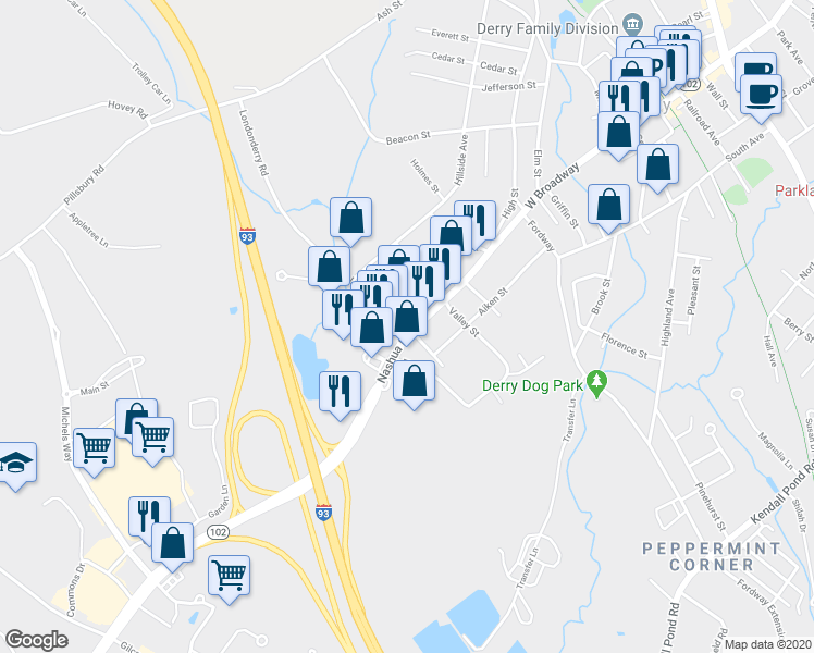 map of restaurants, bars, coffee shops, grocery stores, and more near 75 Londonderry Road in Londonderry