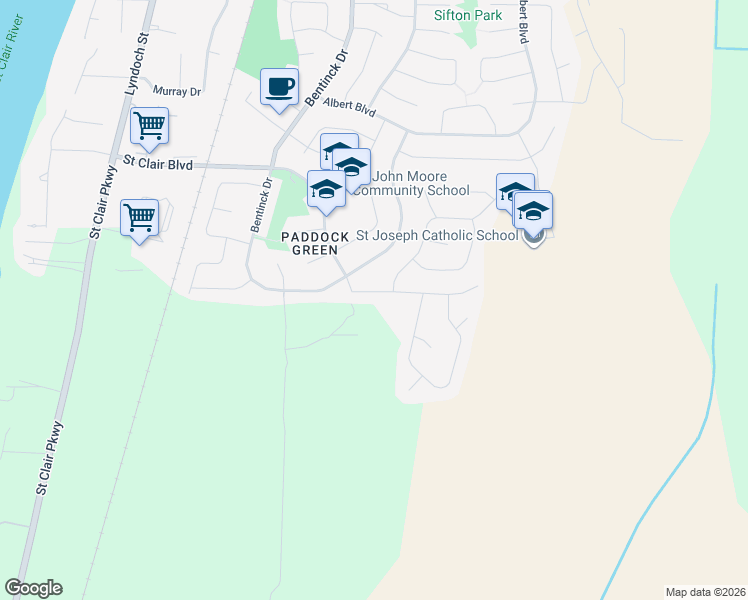 map of restaurants, bars, coffee shops, grocery stores, and more near 285 Lexington Boulevard in Corunna