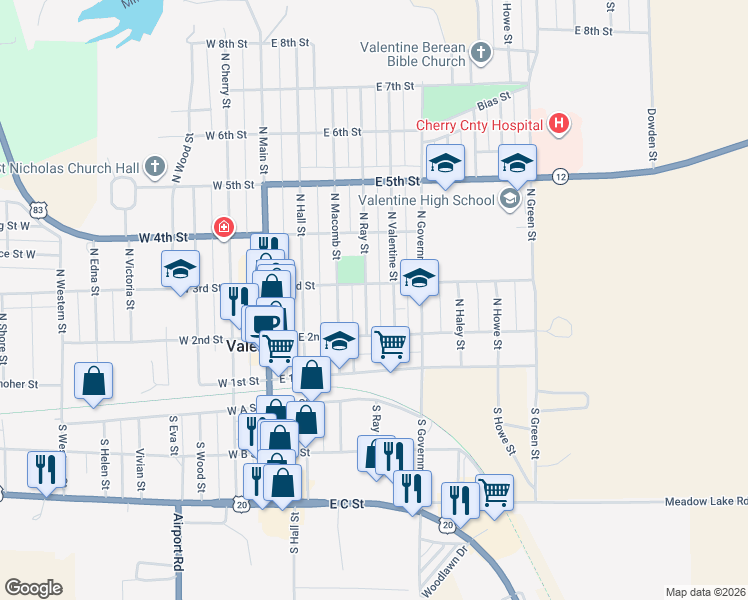 map of restaurants, bars, coffee shops, grocery stores, and more near 323 East 3rd Street in Valentine