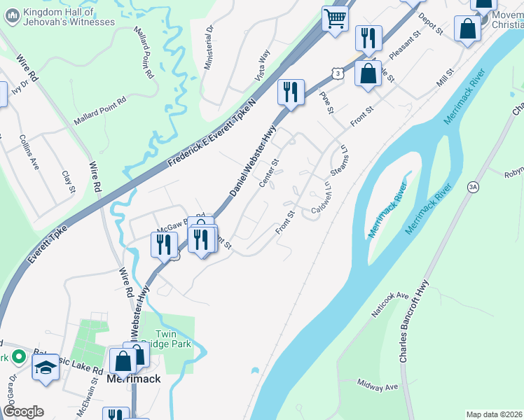 map of restaurants, bars, coffee shops, grocery stores, and more near 38 Coventry Court in Merrimack