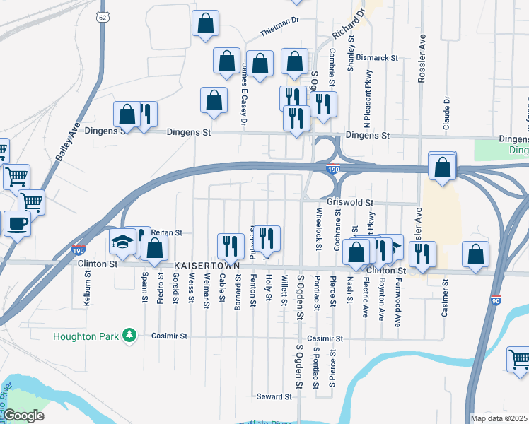 map of restaurants, bars, coffee shops, grocery stores, and more near 88 Weaver Street in Buffalo