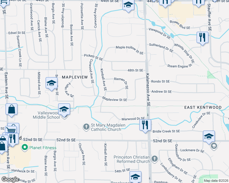 map of restaurants, bars, coffee shops, grocery stores, and more near 1405 Andrew Street Southeast in Kentwood