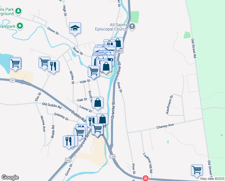 map of restaurants, bars, coffee shops, grocery stores, and more near 17 Granite Street in Peterborough