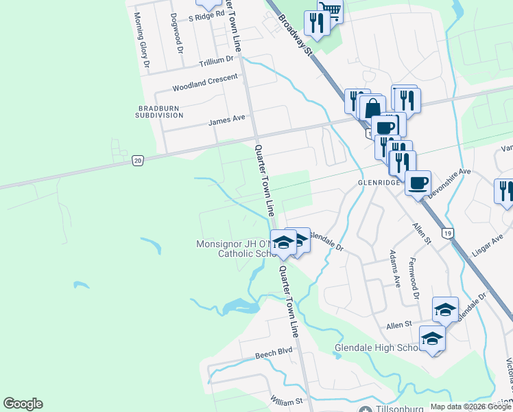 map of restaurants, bars, coffee shops, grocery stores, and more near 275 Quarter Town Line in Tillsonburg