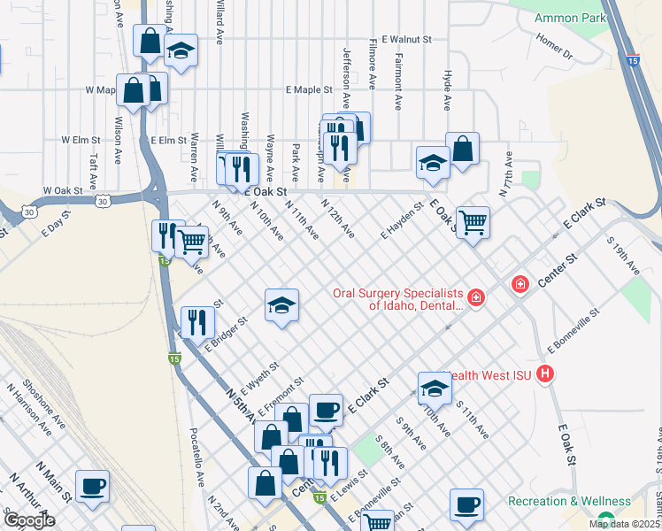 map of restaurants, bars, coffee shops, grocery stores, and more near 1151 East Bridger Street in Pocatello