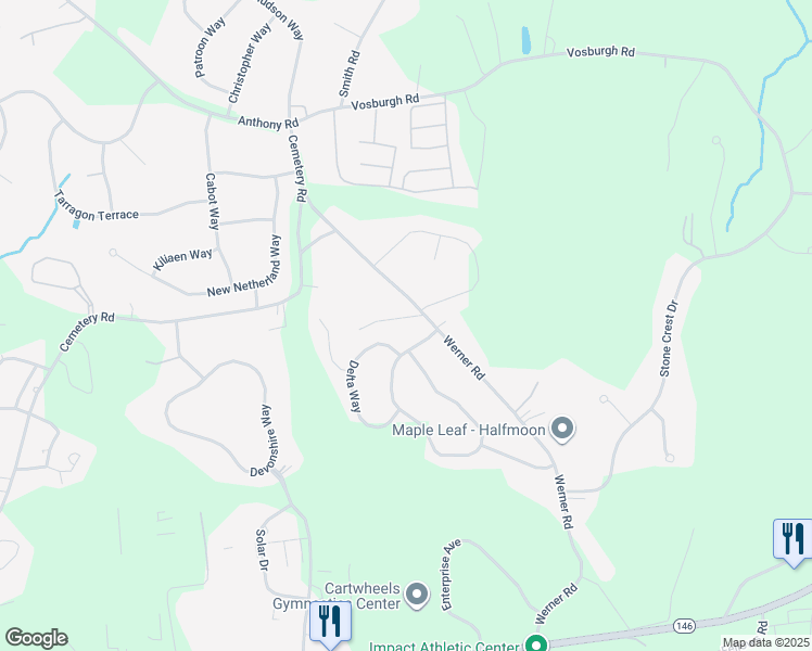 map of restaurants, bars, coffee shops, grocery stores, and more near 74 Werner Road in Saratoga County