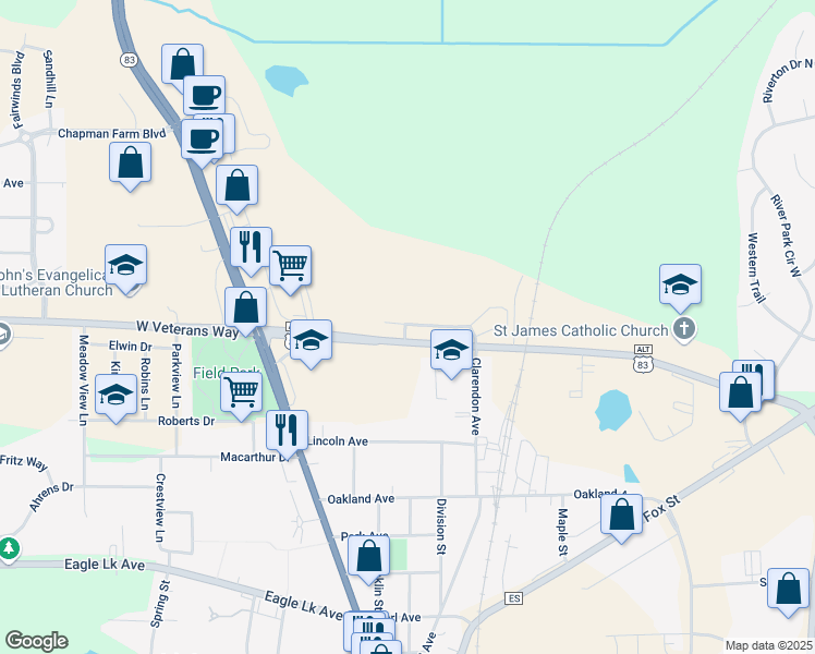 map of restaurants, bars, coffee shops, grocery stores, and more near 350 Cth Nn E in Mukwonago