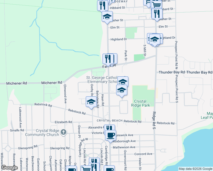 map of restaurants, bars, coffee shops, grocery stores, and more near 56 Ridgeway Road in Fort Erie