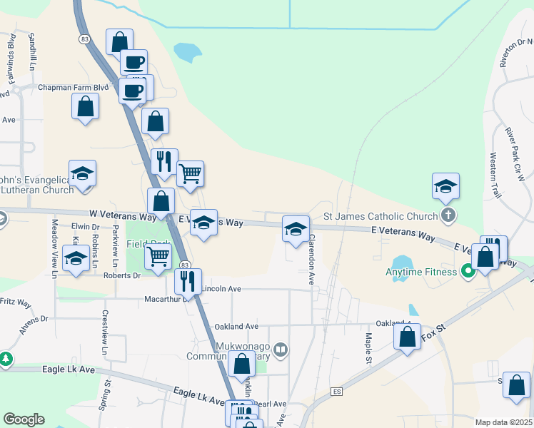 map of restaurants, bars, coffee shops, grocery stores, and more near 350 Cth Nn East in Mukwonago
