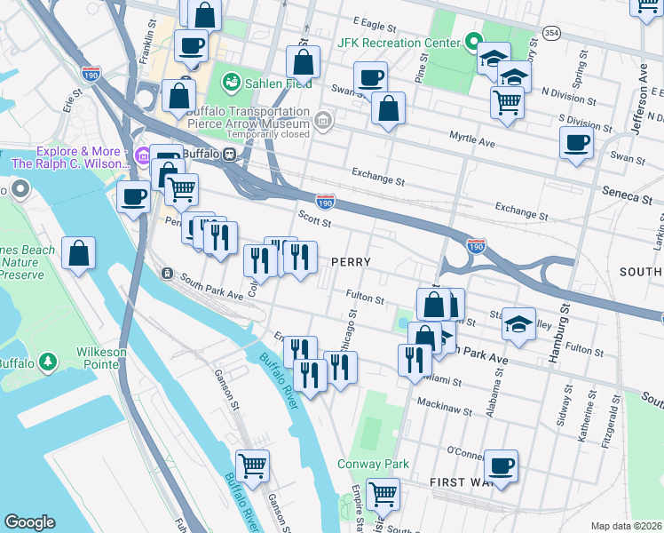 map of restaurants, bars, coffee shops, grocery stores, and more near 225 Perry Street in Buffalo