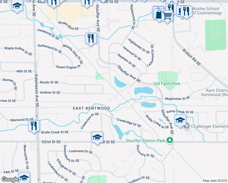 map of restaurants, bars, coffee shops, grocery stores, and more near 2033 Andrew Street Southeast in Kentwood