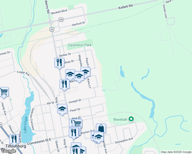 map of restaurants, bars, coffee shops, grocery stores, and more near Kara Lane in Tillsonburg