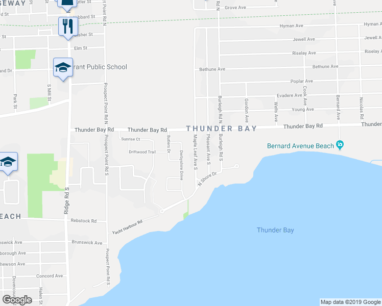 map of restaurants, bars, coffee shops, grocery stores, and more near 47 Maple Leaf Avenue South in Fort Erie