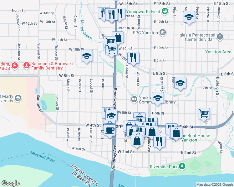map of restaurants, bars, coffee shops, grocery stores, and more near 610 Broadway Avenue in Yankton