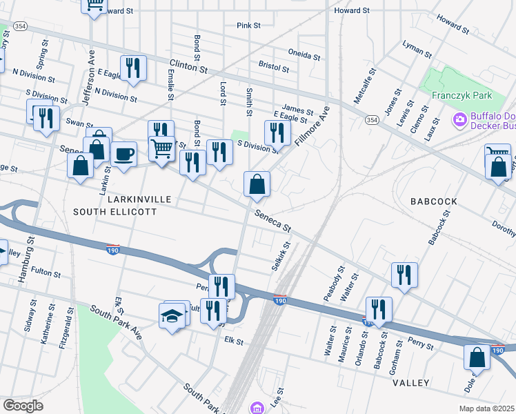 map of restaurants, bars, coffee shops, grocery stores, and more near 906 Seneca Street in Buffalo