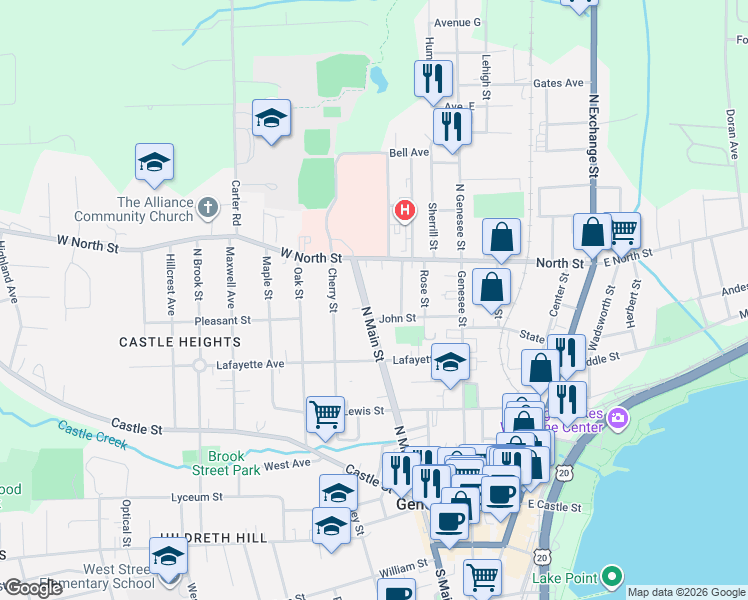 map of restaurants, bars, coffee shops, grocery stores, and more near 39 North Main Street in Geneva