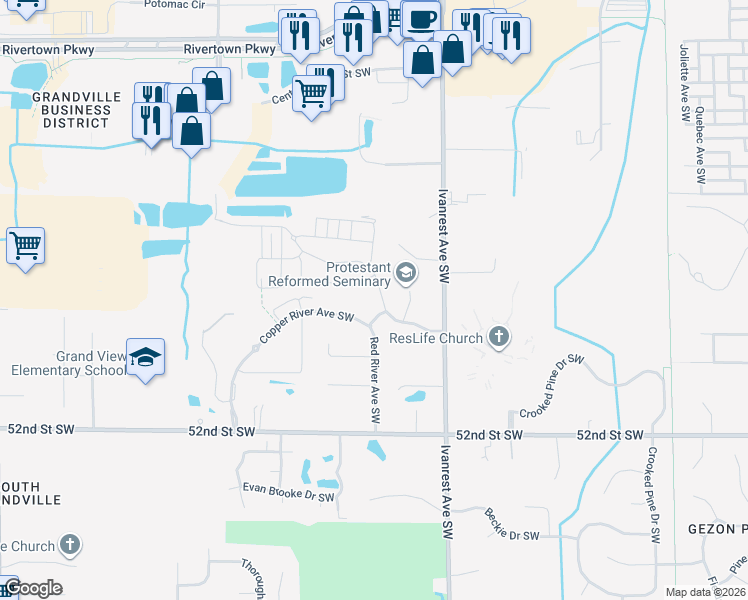 map of restaurants, bars, coffee shops, grocery stores, and more near 3325 Scenic River Drive in Wyoming
