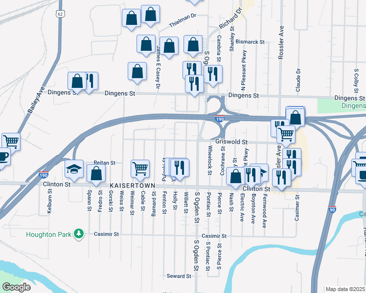 map of restaurants, bars, coffee shops, grocery stores, and more near 95 Weaver Street in Buffalo