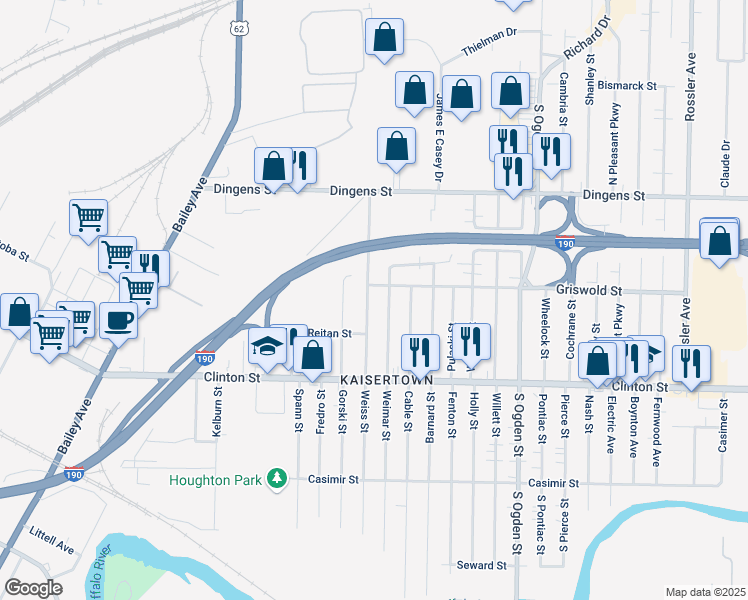 map of restaurants, bars, coffee shops, grocery stores, and more near 271 Weiss Street in Buffalo