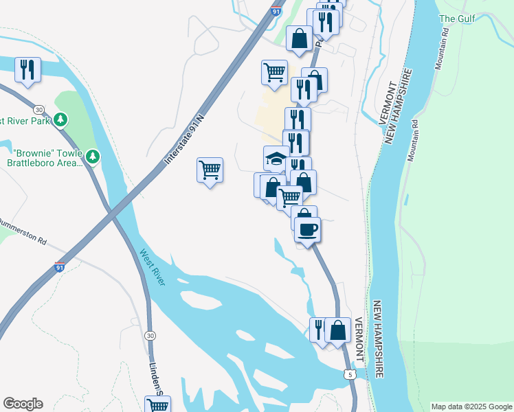 map of restaurants, bars, coffee shops, grocery stores, and more near 768 Putney Road in Brattleboro