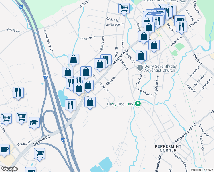 map of restaurants, bars, coffee shops, grocery stores, and more near 18 1/2 Aiken Street in Derry