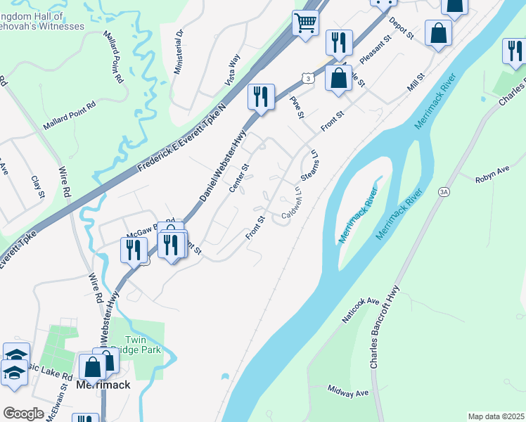 map of restaurants, bars, coffee shops, grocery stores, and more near 3 Harwich Court in Merrimack