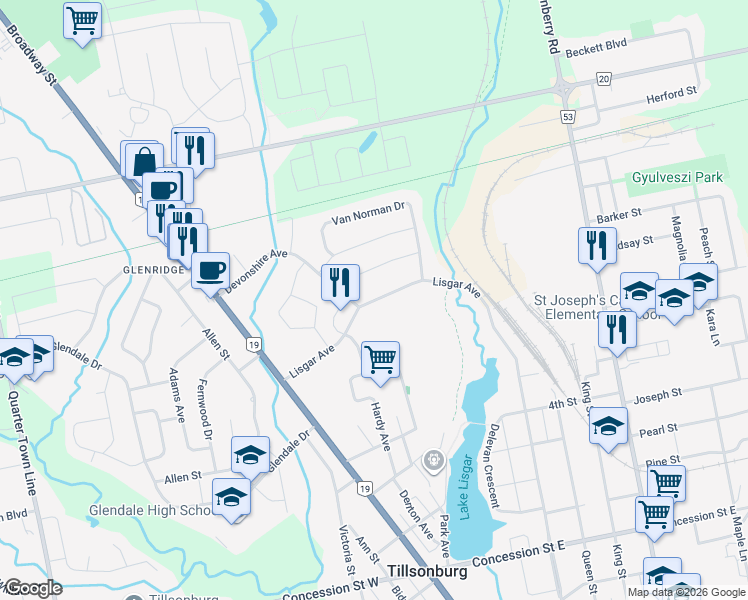 map of restaurants, bars, coffee shops, grocery stores, and more near 207 Lisgar Avenue in Tillsonburg