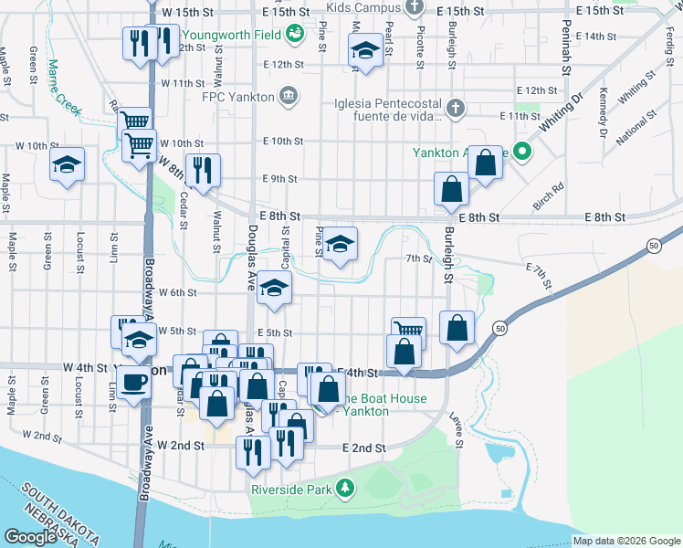 map of restaurants, bars, coffee shops, grocery stores, and more near 707 Mulberry St in Yankton