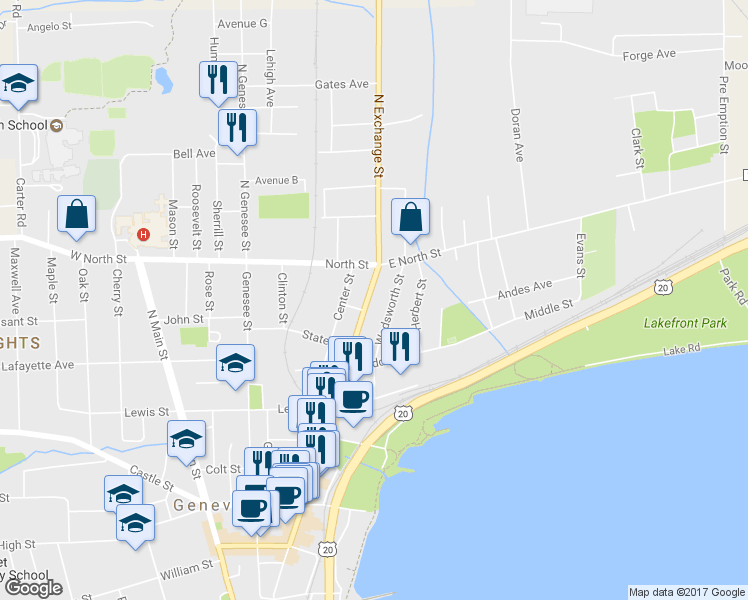 map of restaurants, bars, coffee shops, grocery stores, and more near 55 Exchange St in Geneva