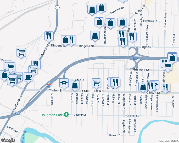 map of restaurants, bars, coffee shops, grocery stores, and more near 271 Weiss Street in Buffalo