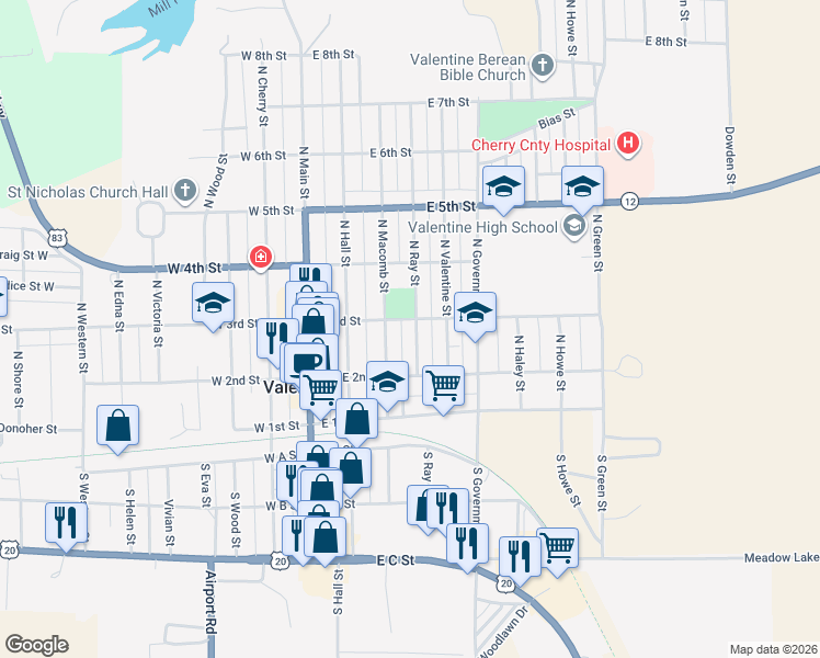 map of restaurants, bars, coffee shops, grocery stores, and more near 323 East 3rd Street in Valentine