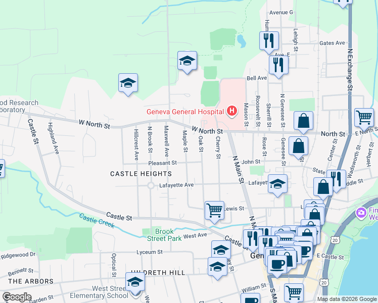 map of restaurants, bars, coffee shops, grocery stores, and more near 45 Maple Street in Geneva