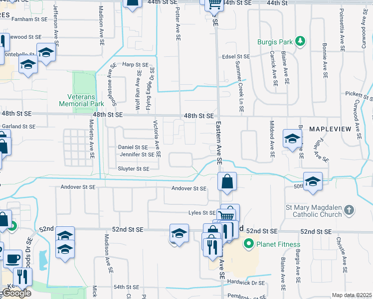 map of restaurants, bars, coffee shops, grocery stores, and more near 667 Silver Glade Drive Southeast in Grand Rapids