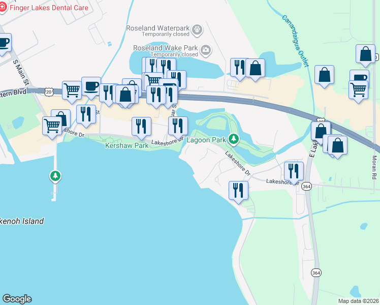 map of restaurants, bars, coffee shops, grocery stores, and more near 205 Lakeshore Drive in Canandaigua