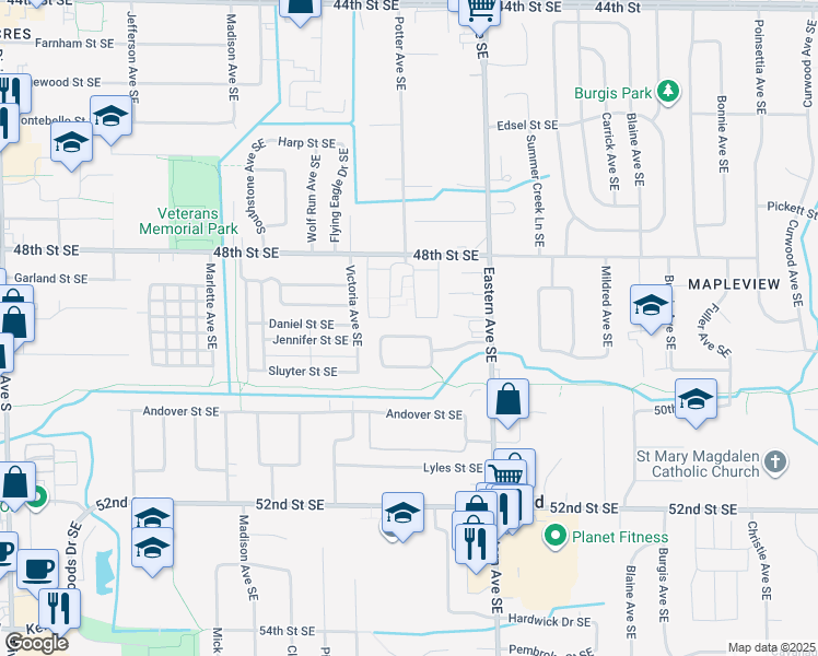 map of restaurants, bars, coffee shops, grocery stores, and more near 667 Silver Glade Drive Southeast in Grand Rapids