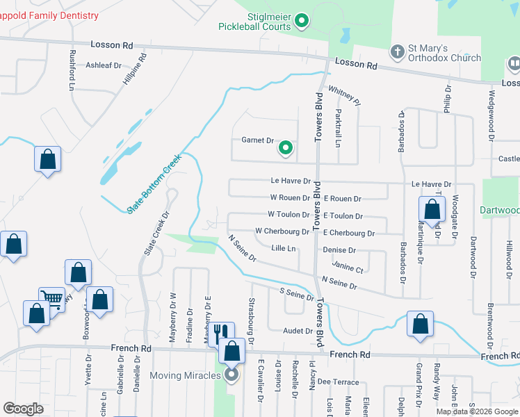 map of restaurants, bars, coffee shops, grocery stores, and more near 76 West Toulon Drive in Buffalo
