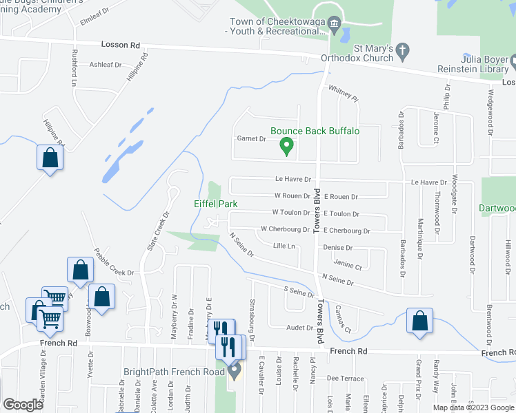 map of restaurants, bars, coffee shops, grocery stores, and more near 76 West Toulon Drive in Buffalo