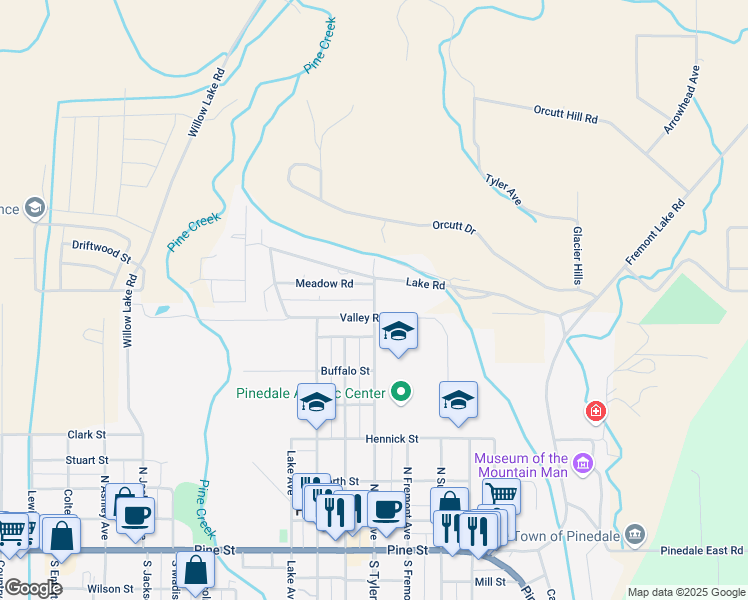 map of restaurants, bars, coffee shops, grocery stores, and more near Meadow Road in Pinedale