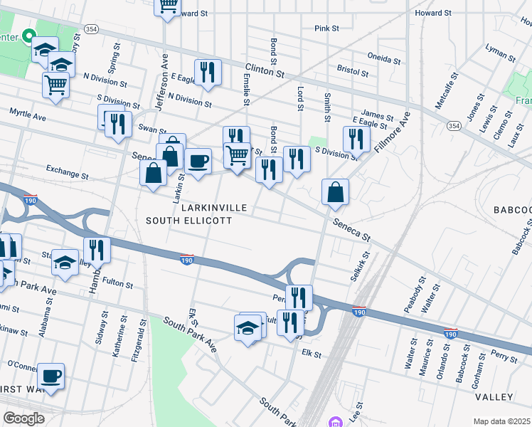 map of restaurants, bars, coffee shops, grocery stores, and more near 796 Exchange Street in Buffalo