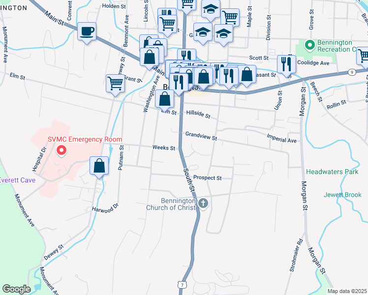 map of restaurants, bars, coffee shops, grocery stores, and more near 414 South Street in Bennington