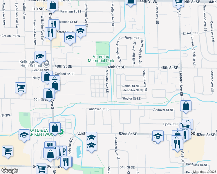map of restaurants, bars, coffee shops, grocery stores, and more near 4920 Marlette Avenue Southeast in Grand Rapids