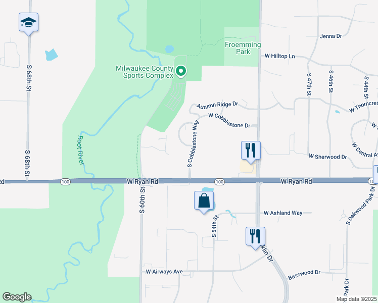 map of restaurants, bars, coffee shops, grocery stores, and more near 9411 South Cobblestone Way in Franklin