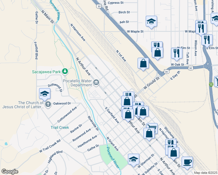map of restaurants, bars, coffee shops, grocery stores, and more near 1745 North Main Street in Pocatello