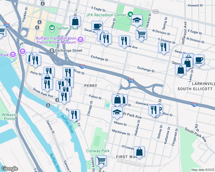map of restaurants, bars, coffee shops, grocery stores, and more near 312 Perry Street in Buffalo